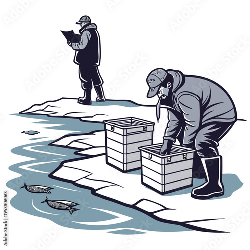 Two men fishing on ice with boxes and a clipboard on a cold winter day
