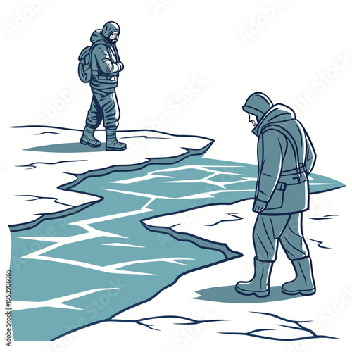 Two astronauts standing on cracked ice with a vast frozen landscape ahead of them in a futuristic setting