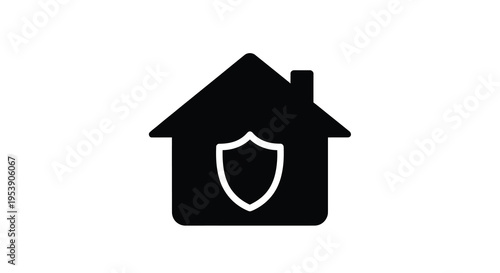 A simple black silhouette of a house with a shield symbol on its facade
