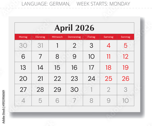 2026 German April calendar layout – Kalender April. Vector monthly paper page Germany