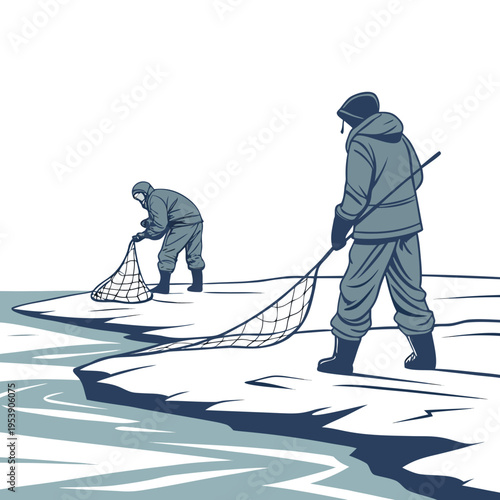 Two men in winter clothing fishing on ice with nets on a frozen lake or sea