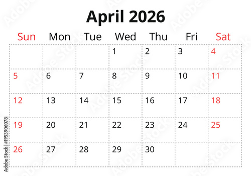 April 2026 calendar page. English monthly planner Sunday start. Vector design