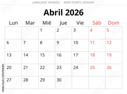 2026 Spanish April calendar planner – Abril. Vector illustration Spain