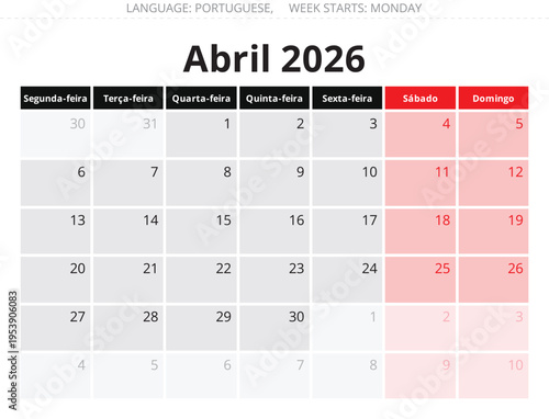 April 2026 Portuguese monthly calendar pages – Abril. Vector illustration Portugal