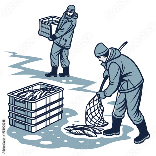 Two fishermen in winter gear handling fish crates and nets on icy ground with isolated