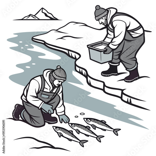 Two men fishing on a snowy riverbank with fish and a cooler in a serene winter landscape scene
