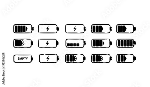 Modern battery charge level icons set with full empty and energy indicators flat vector UI collection