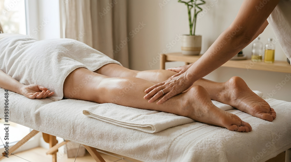 © Frendev - Therapist provides manual lymphatic drainage on the lower leg on a massage table for swelling reduction, wellness, and recovery