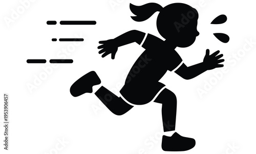 Young girl running energetically in a simple vector graphic illustration design with motion lines conveying speed and dynamic movement.
