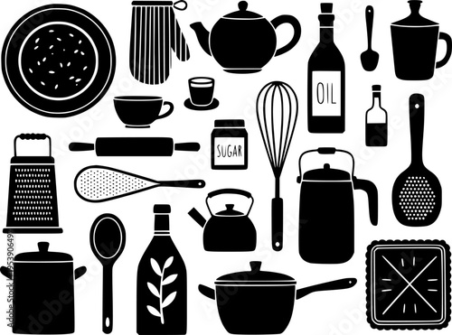 Black silhouette kitchen utensils and cookware collection white background cooking