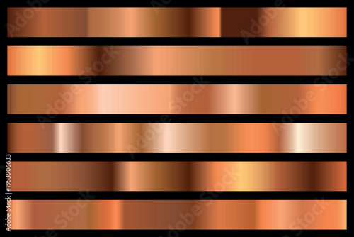 Gold metalic gradient collection with shiny rainbow hologram. Holographic foil texture, golden, copper gradation. Vector set for frame, ribbon, border, other design.