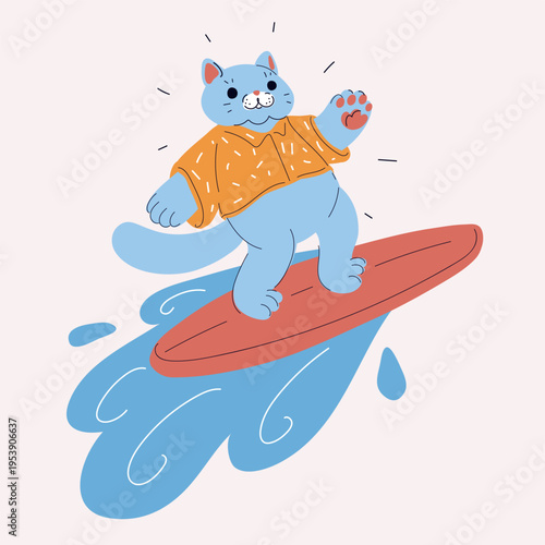 Vector illustration of cat surfing on ocean wave, concept of freedom, riding life waves and carefree attitude