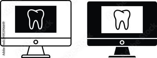 A digital representation showing two computer monitors displaying a dental tooth icon for dentistry Vector, illustration