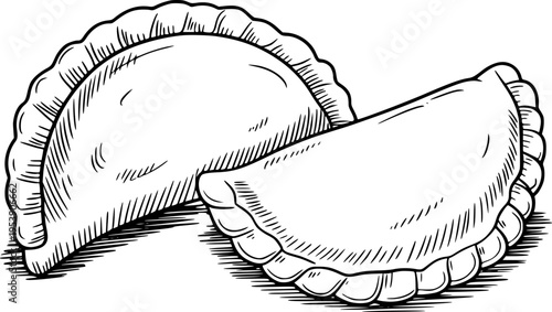 Hand Drawn Black and White of Empanadas White Background food pastry