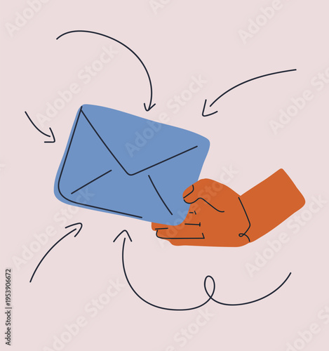 Vector illustration of hand holding envelope receiving multiple letters, concept of incoming messages, communication flow and information overload