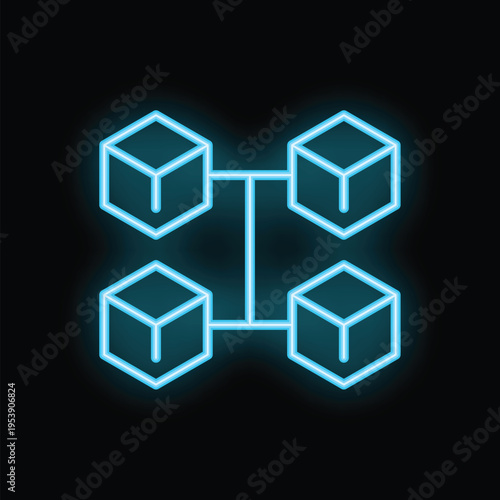 Glowing blue neon blockchain technology icon with four cubes connecting securely on a black background