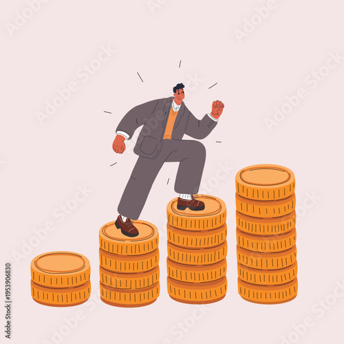 Vector illustration of man climbing stacks of coins like stairs, concept of financial growth, ambition and success journey