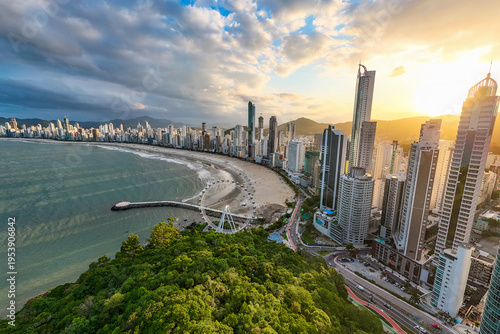 Scenic View of Balneario Camboriu City Coast With Tall Buildings During Colorul Sunset