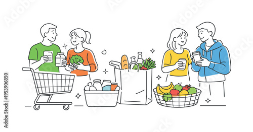 A modern everyday lifestyle moment where a small group shops for fresh food and household products inside a friendly neighborhood market while organizing their weekly groceries