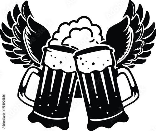 Two mugs of beer with wings in a black and white design