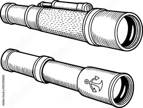 Vintage Telescope and Spyglass with Anchor Emblem White Background antique nautical