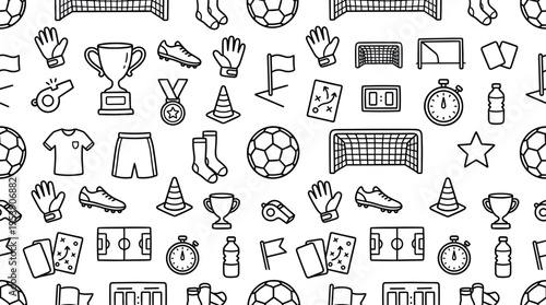 Football soccer icons and match essentials theme with clean modern sports feel, doodle objects including soccer ball, goal net, goal posts, goalkeeper gloves, cleats, jersey,
