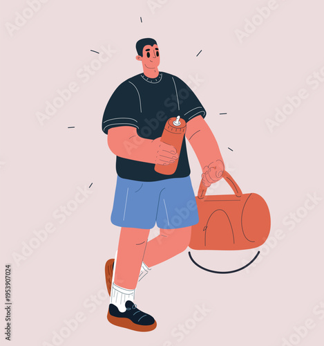 Vector illustration of man with sports bag and water bottle walking to workout, concept of fitness, healthy lifestyle and motivation