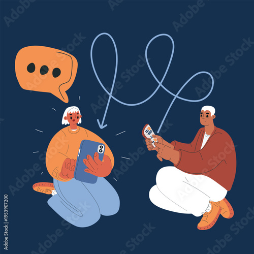 Vector illustration of people next to button while giant hand presses it, concept of decision making, action and influence