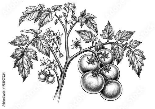 Detailed black and white illustration of a tomato plant with ripe fruit and delicate blossoms