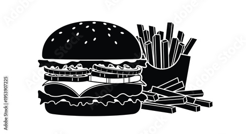 A stylized black and white illustration depicts a classic burger with french fries alongside