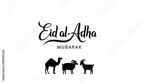 Eid al-Adha Mubarak Calligraphy Vector with Camel, Sheep, and Goat Silhouettes