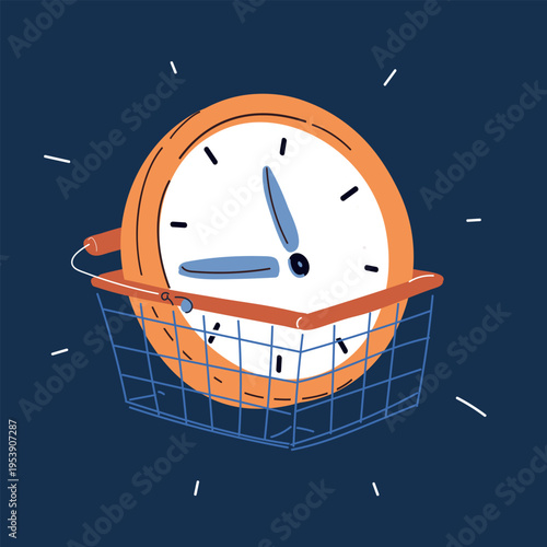 Vector illustration of clock dial inside a basket, concept of time management, collection of moments and organization