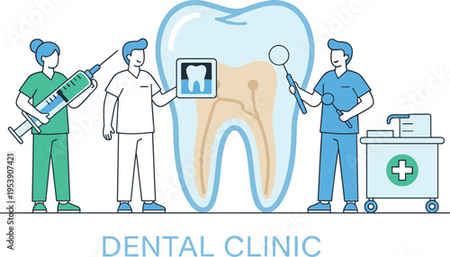 A professional dental clinic team performing oral health examination and care with medical tools Vector, illustration