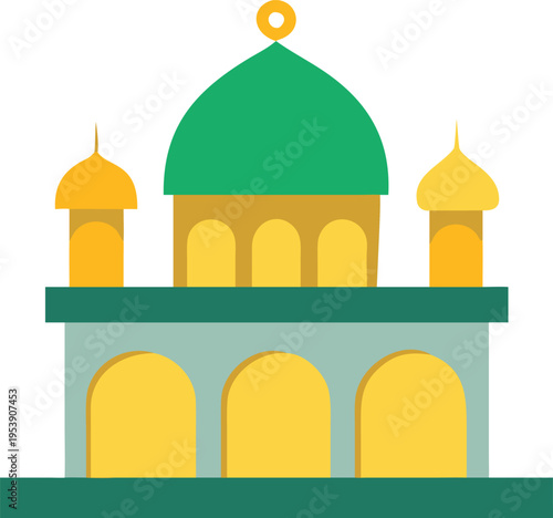Stylized illustration of a green and yellow mosque building