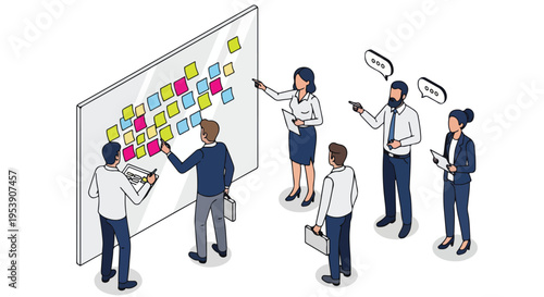 Business team collaborating on project with sticky notes on whiteboard.