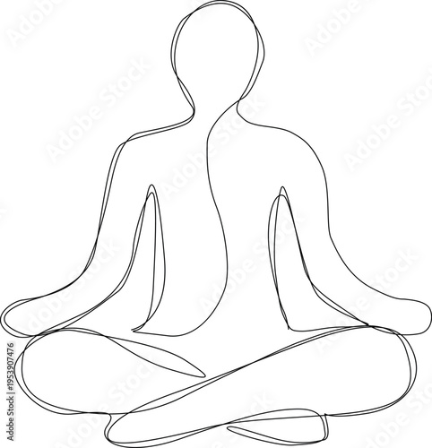 Minimal line art illustration of a person meditating in lotus pose. Simple outline drawing showing calm posture and balanced body position
