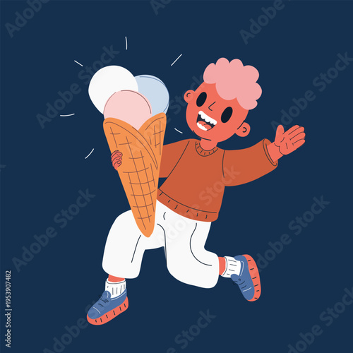 Vector illustration of boy running with giant ice cream, concept of joy, playfulness and childhood fun