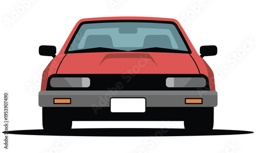Red car vector illustration with visible front end, windshield, and bumper on a white background with subtle shadow.