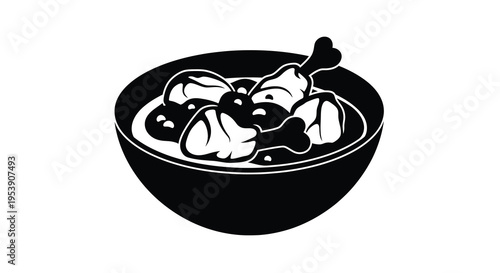 A black and white illustration depicts a bowl filled with fried chicken pieces and black beans