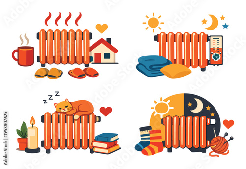 Radiator warming home interior with various cozy objects like hot cup, slippers, blanket, cat, books, and socks