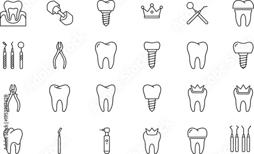 A comprehensive collection of dental icon outlines depicting various teeth tools and procedures Vector, illustration