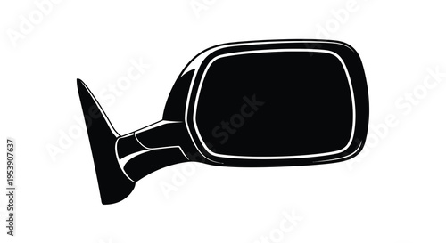 A stark black and white illustration depicts a modern car side mirror in profile