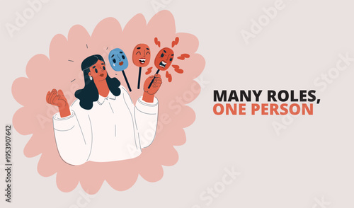 Vector illustration of woman changing masks showing sadness, joy and anger, concept of emotions, expression and inner feelings