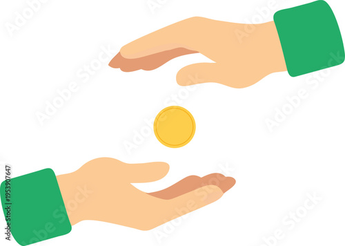 Hands exchanging a single gold coin donation or payment