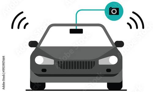 Modern car with advanced technology features including dashboard camera and wireless connectivity shown in a simple vector graphic illustration