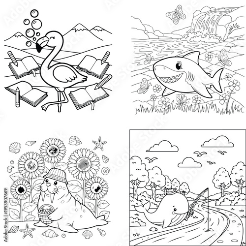 Flamingo with books, shark, seal in flowers, and whale illustration set, line art