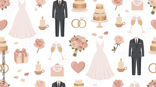 Wedding celebration seamless pattern for romantic event and bridal themes featuring bride dress, groom suit, wedding cake, ring, diamond ring, bouquet, rose, champagne glass, gift