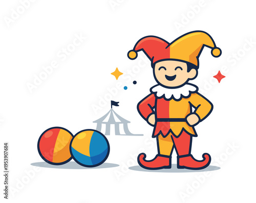 Theatrical entertainment scene inspired by traditional circus culture and expressive stage characters performing for audiences, a costumed jester style performer with a pointed hat