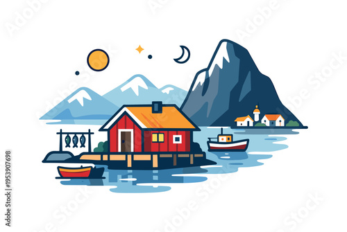 Traditional Arctic coastal settlement surrounded by mountains and sea reflecting the quiet rhythm of northern fishing communities, a small seaside cabin beside a steep mountain