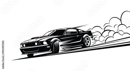 A sleek black vector mustang car speeding along a road with motion blur and smoke trails, depicted in a dynamic black and white illustration style